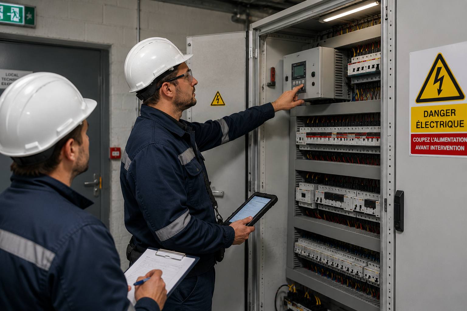 Deux techniciens préparant une intervention sur une armoire électrique
