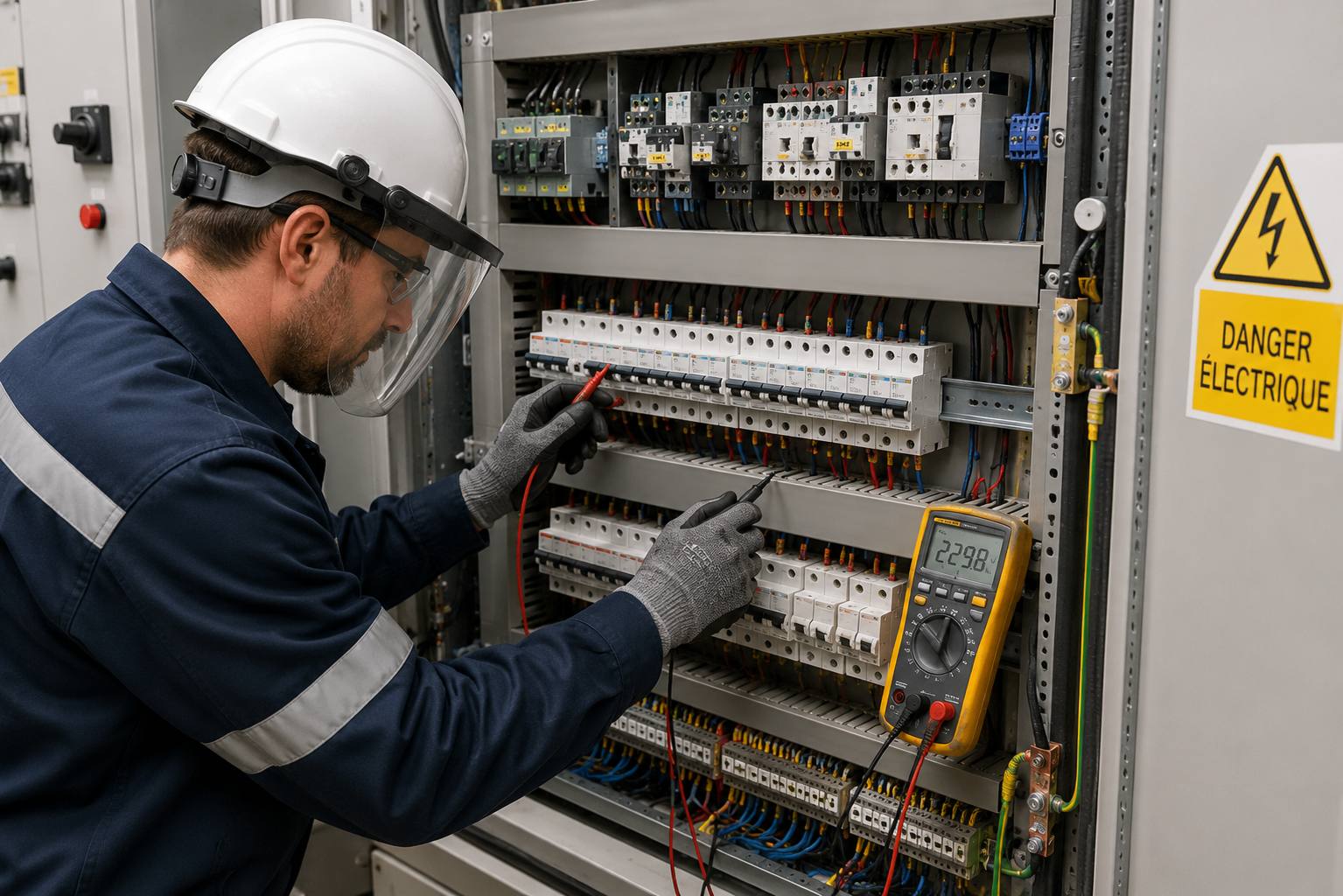 Technicien portant écran facial et gants devant une armoire électrique
